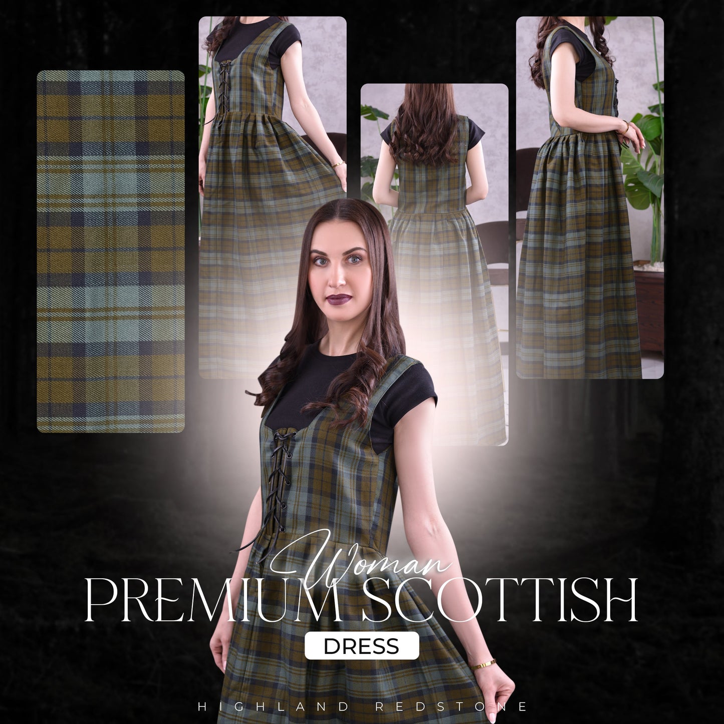 Women's Scottish Highland Dress - Long Tartan Dress | Black Watch Weathered