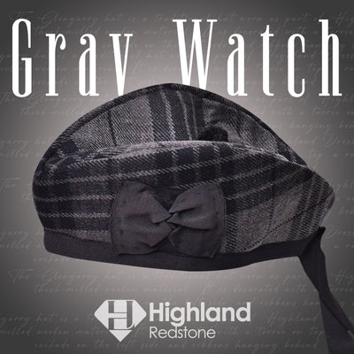 Gray Watch Glengarry featuring the gray and black tartan pattern of the Watch Clan, crafted from high-quality materials.