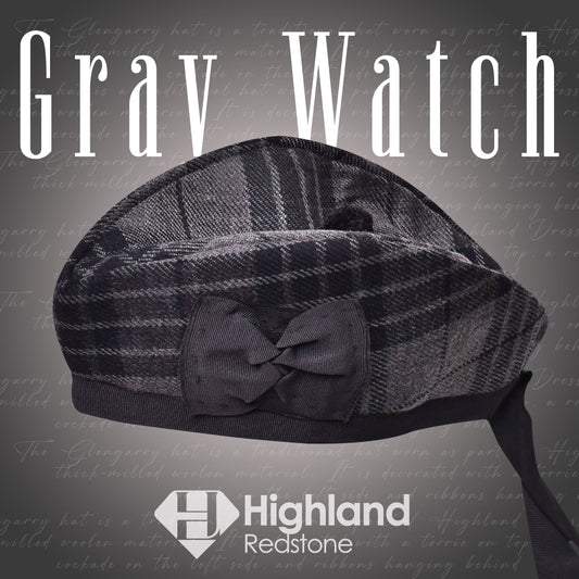 Gray Watch Glengarry featuring the gray and black tartan pattern of the Watch Clan, crafted from high-quality materials.