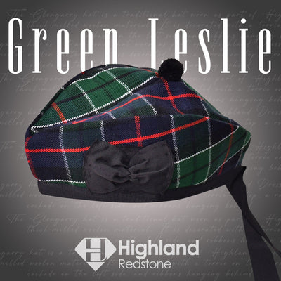 Green Leslie Glengarry featuring the green and blue tartan pattern of the Leslie Clan, crafted from high-quality materials.
