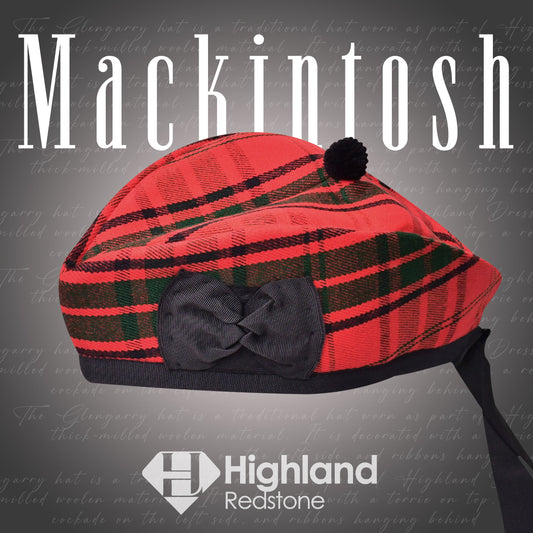 Mackintosh Glengarry hat with classic black, white, and red tartan pattern