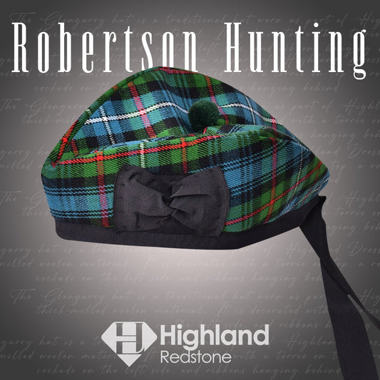 Discover the Robertson Hunting Glengarry, featuring the distinguished green and blue Robertson tartan. Perfect for formal and casual wear, this high-quality Glengarry celebrates Scottish heritage.