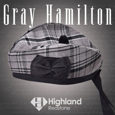Gray Hamilton Glengarry featuring the gray, black, and white tartan pattern of the Hamilton Clan, crafted from high-quality materials.
