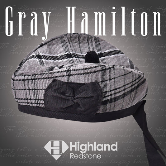 Gray Hamilton Glengarry featuring the gray, black, and white tartan pattern of the Hamilton Clan, crafted from high-quality materials.