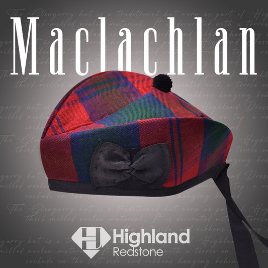 Maclachlan Glengarry hat with red, yellow, and black tartan pattern