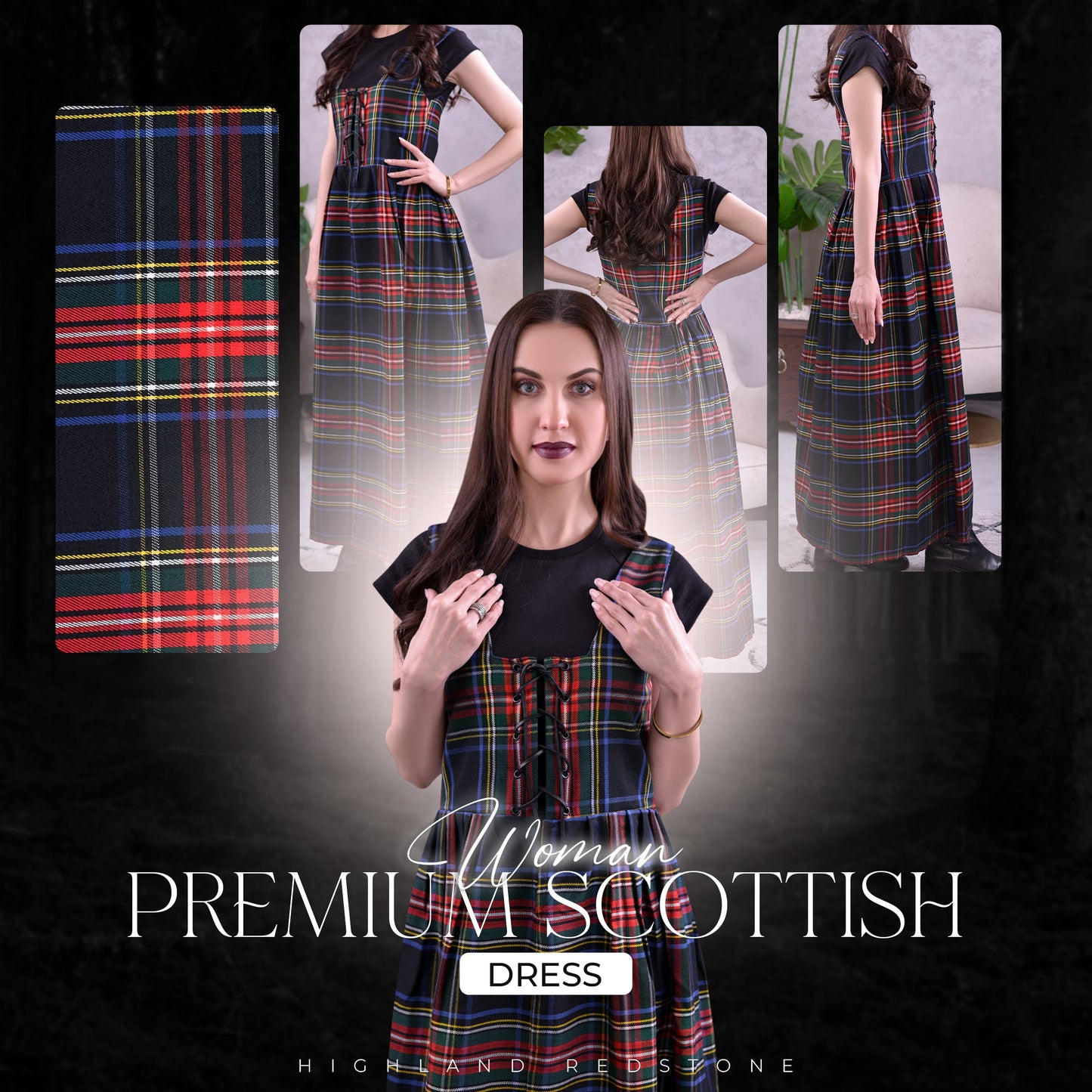 Women's Scottish Highland Dress - Long Tartan Dress | Black Stewart