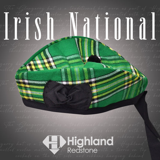 Irish National Glengarry featuring traditional Irish tartan in green, blue, and gold hues.