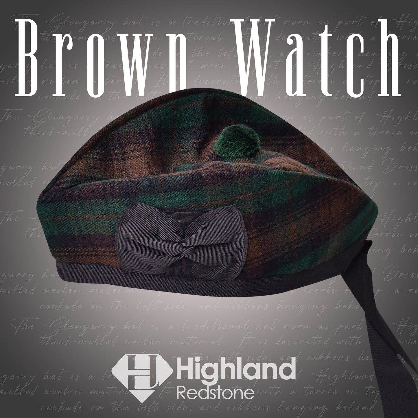  Brown watch and Glengarry hat set on display. Perfect accessories to elevate your Scottish style.