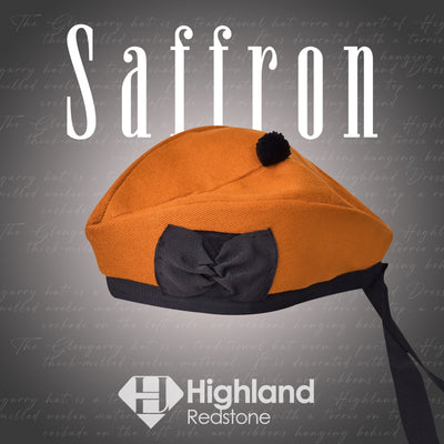 Saffron Glengarry hat with traditional ribbons and vibrant saffron color