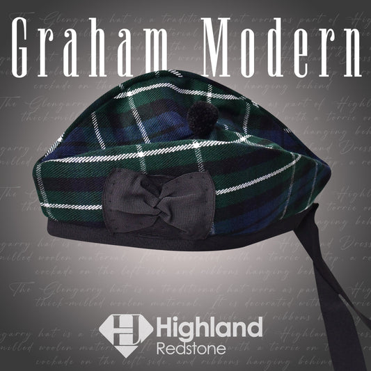 Graham Modern Glengarry featuring the blue and green tartan pattern of the Graham Clan, crafted from high-quality fabric.