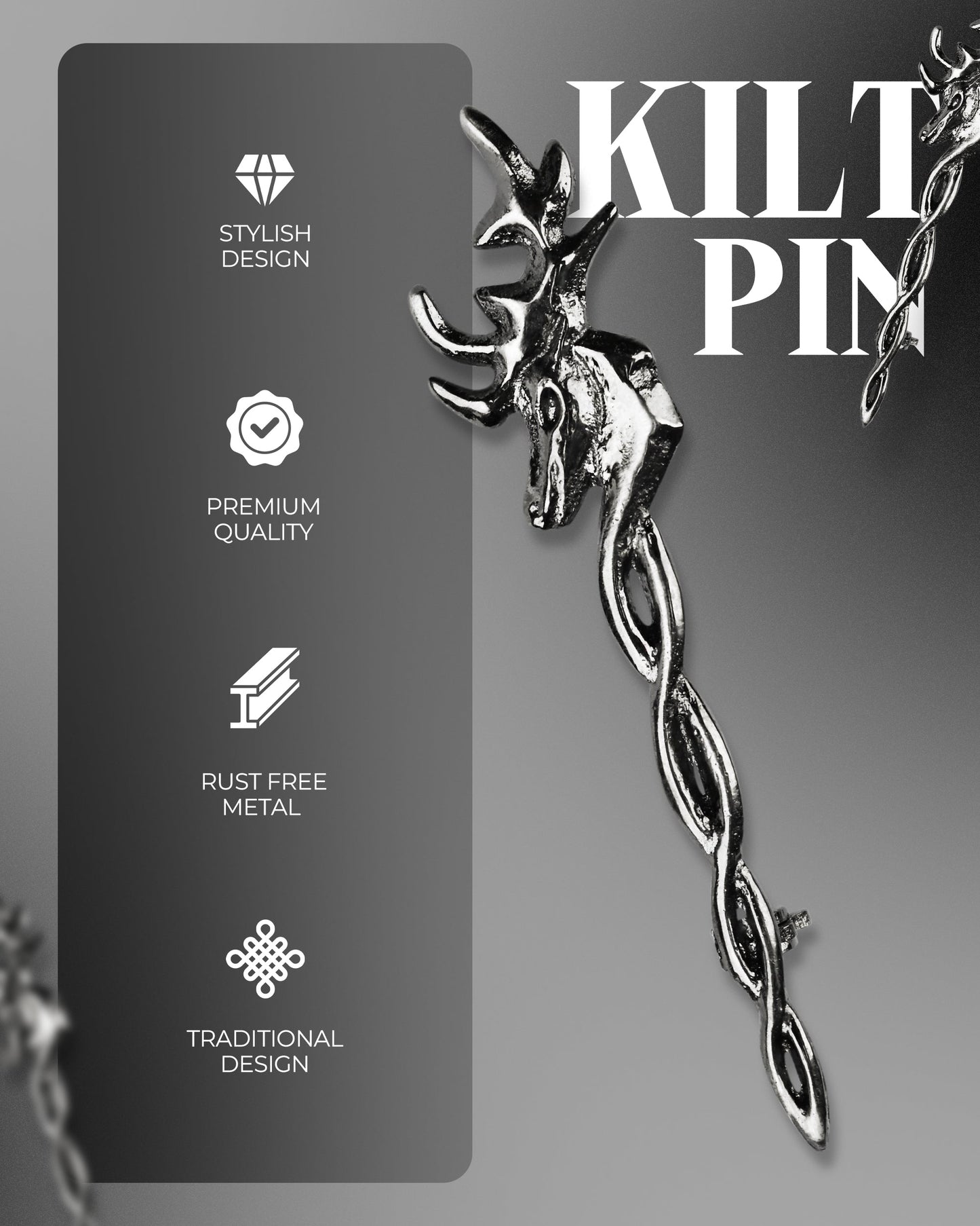 Scottish Kilt Pin for men | Vintage Stag Pewter Chrome