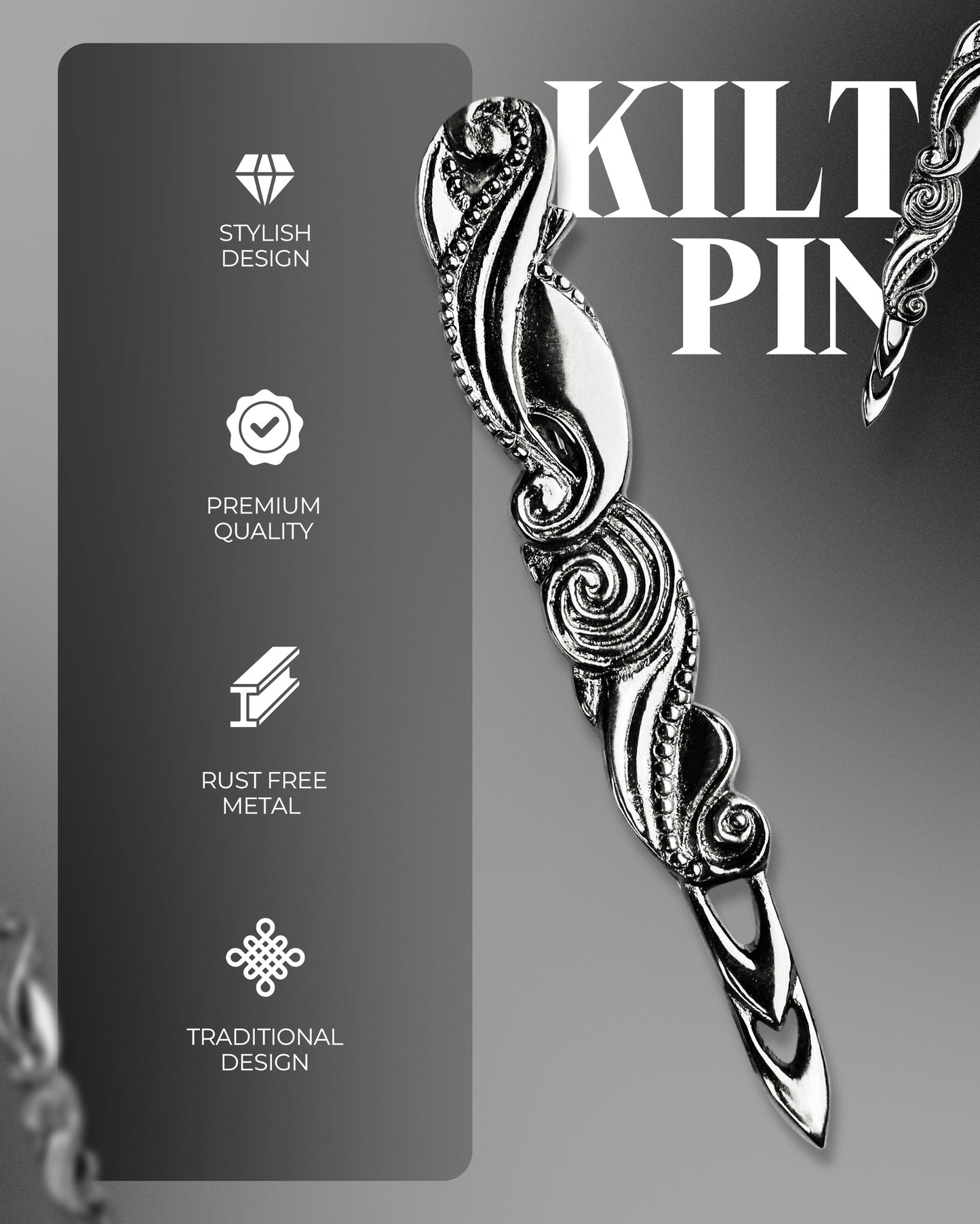 Scottish Kilt Pin for men | Swirl Pewter Chrome
