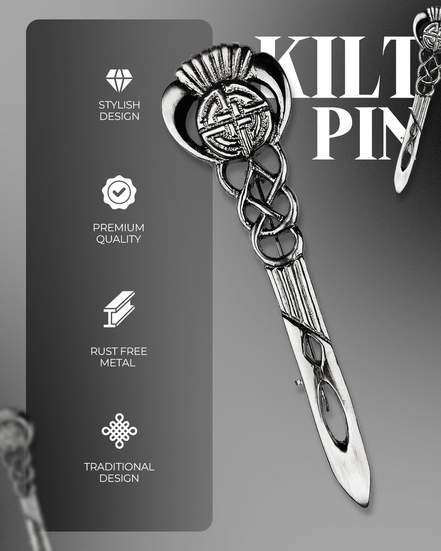 Scottish Kilt Pin for men | Celtic Thistle Pewter Chrome