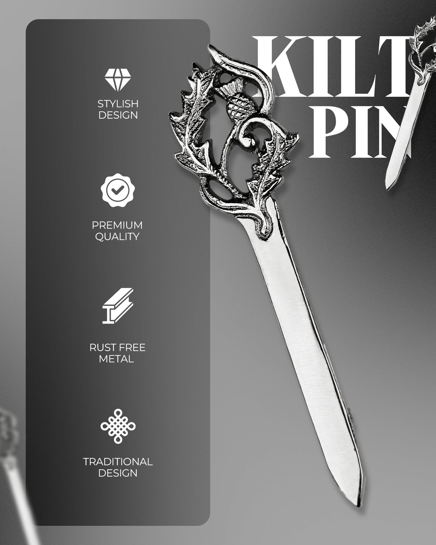 Scottish Kilt Pin for men | Thistle Sword Pewter Chrome