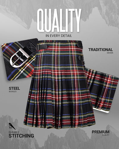 Kilt for Men I Black Stewart Tartan Kilt Polyviscose 8 Yard Traditional Men Kilt | Big & Tall