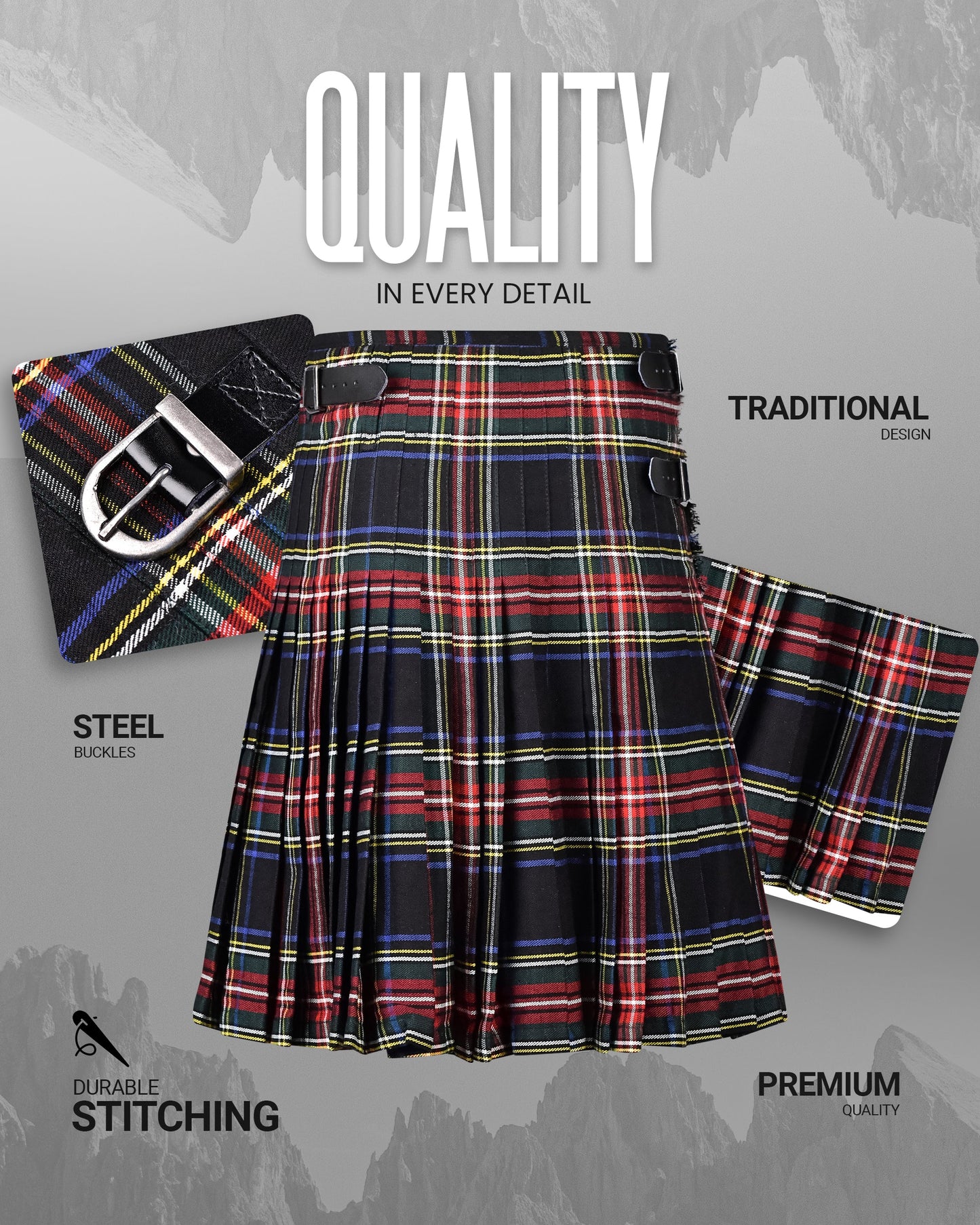Kilt for Men I Black Stewart Tartan Kilt Polyviscose 8 Yard Traditional Men Kilt
