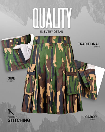 Camouflage Utility Kilt For Men - Rugged Ripstop Cotton tactical men kilt with brass hardware