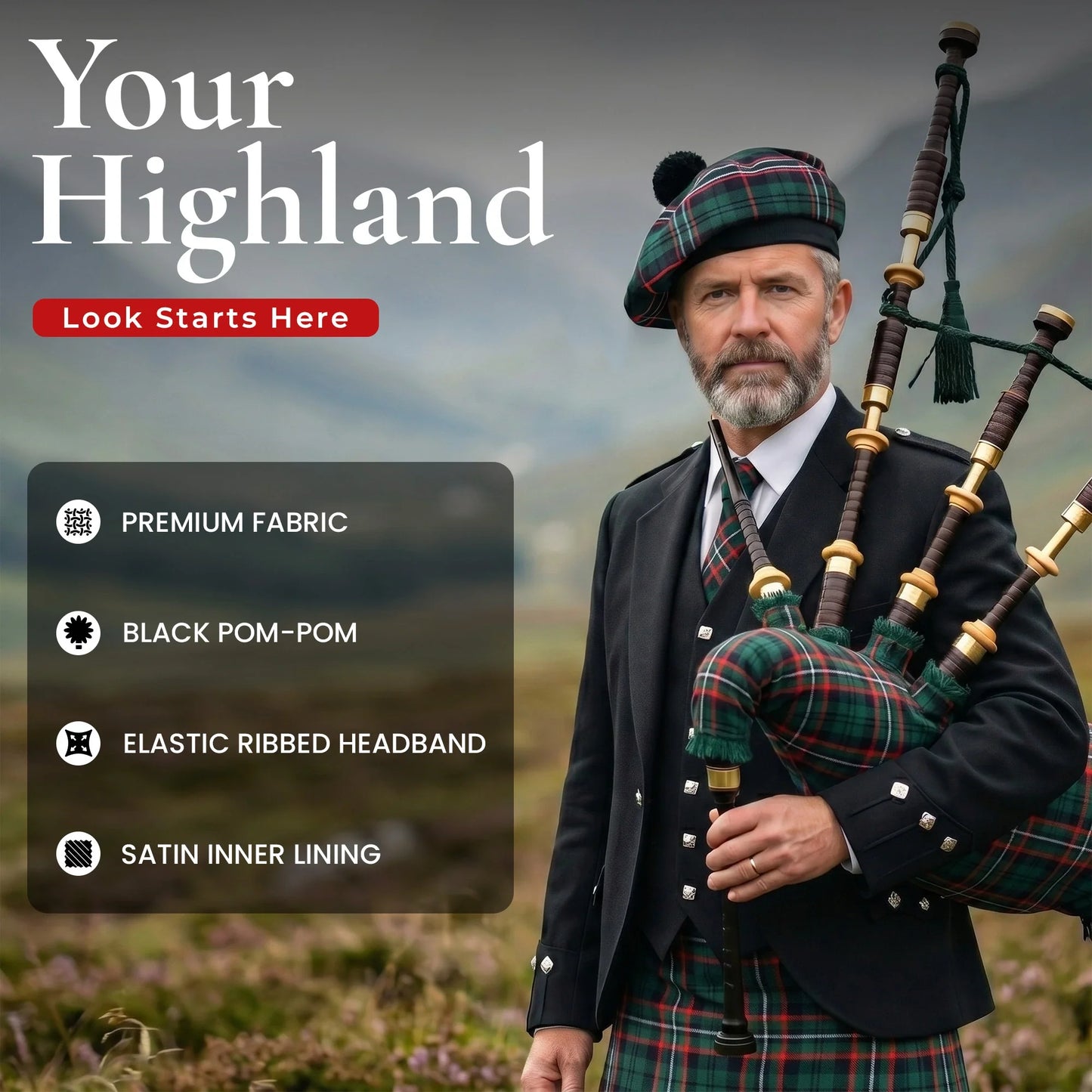 Tam O'Shanter Hat with Pompom | Scottish National Tartan