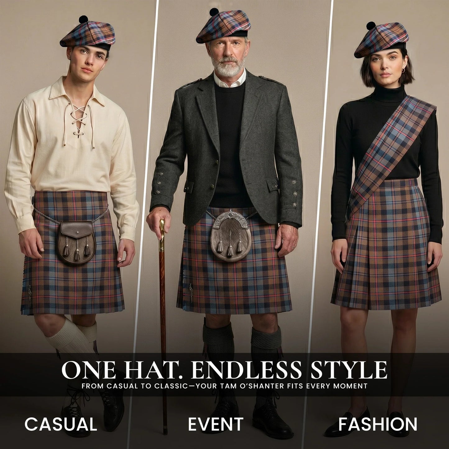 Tam O'Shanter Hat with Pompom | Scottish National Weathered Tartan