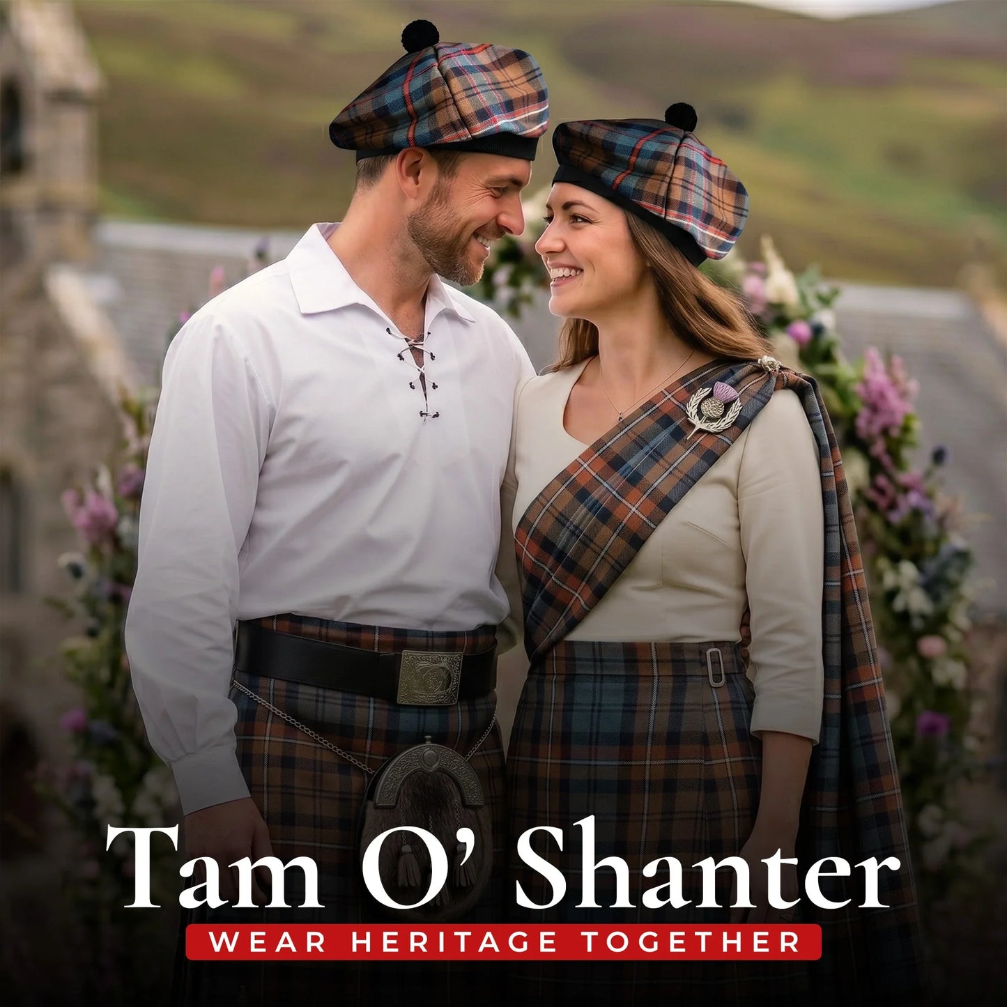 Tam O'Shanter Hat with Pompom | Scottish National Weathered Tartan