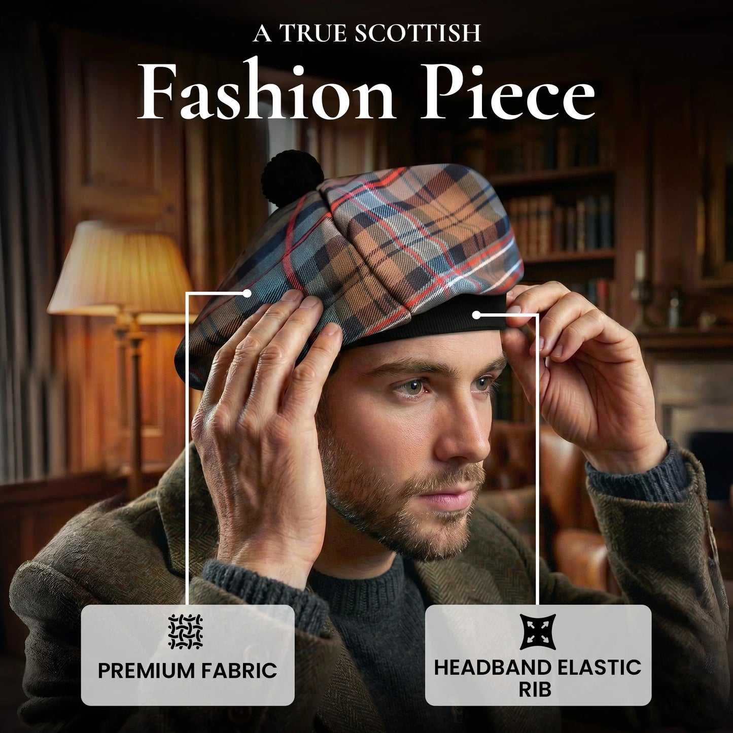 Tam O'Shanter Hat with Pompom | Scottish National Weathered Tartan