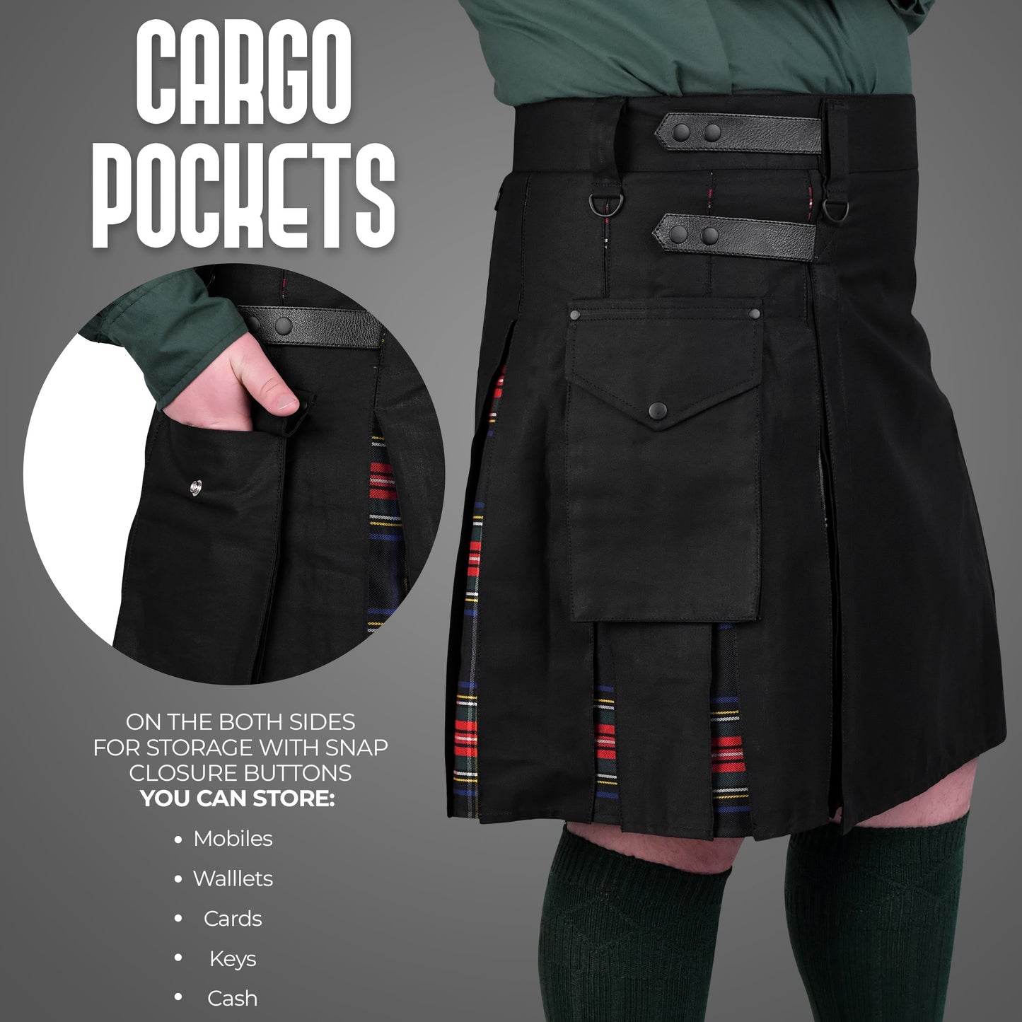 Black Stewart Hybrid Utility Kilt for Men  - Traditional Style with Modern Functionality | Big & Tall