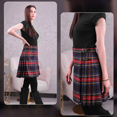 Woman Plaid Kilt - Black Stewart Tartan Kilt - Premium Quality & Timeless Style | Big & Tall