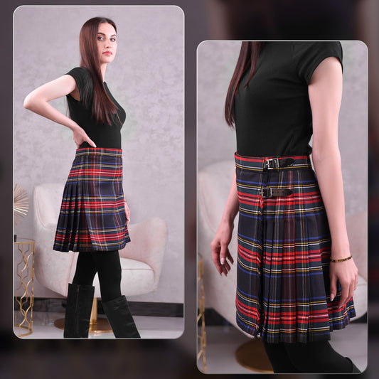 Woman Plaid Kilt - Black Stewart Tartan Kilt - Premium Quality & Timeless Style | Big & Tall