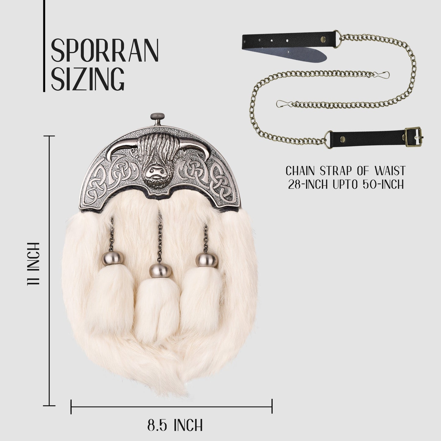 White Rabbit Fur Sporran with Highland Cow Antique Finish Cantle