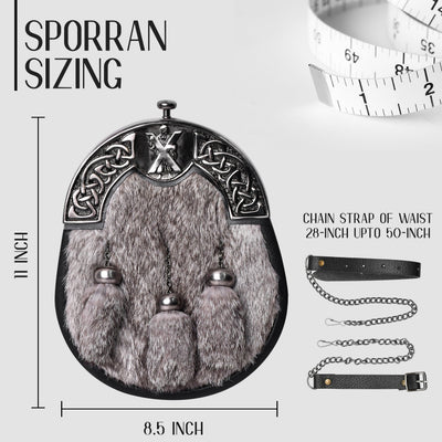 Grey Rabbit Fur Sporran Antique Cantle featuring genuine rabbit fur and an antique cantle design, perfect for formal Scottish dress.