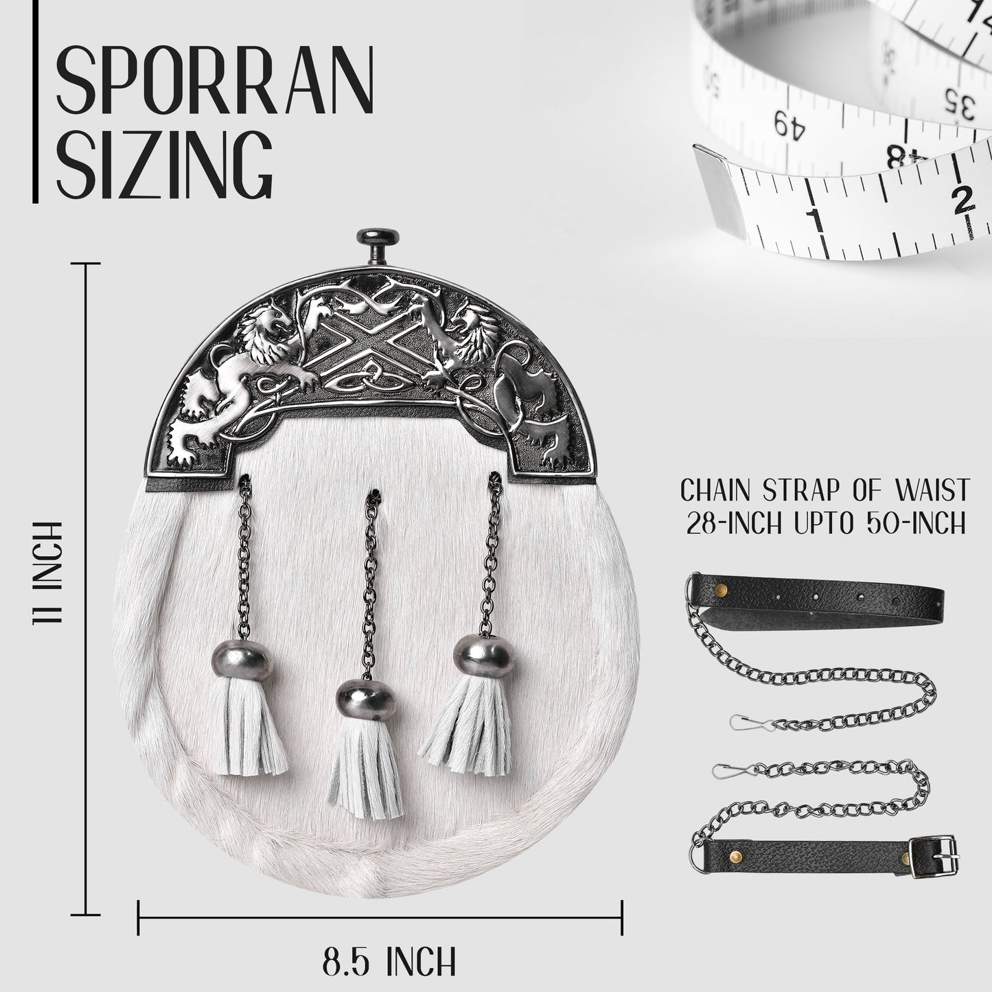 Formal White Bovine Sporran with Antique Lion Rampant Cantle