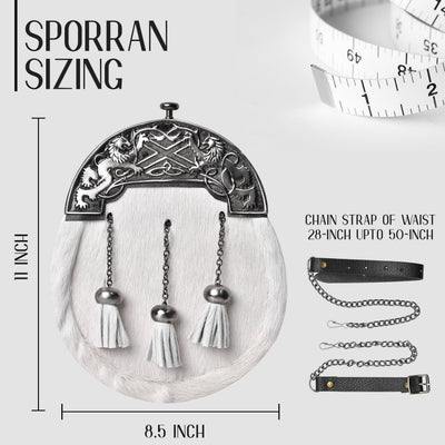Formal White Bovine Sporran with Antique Lion Rampant Cantle