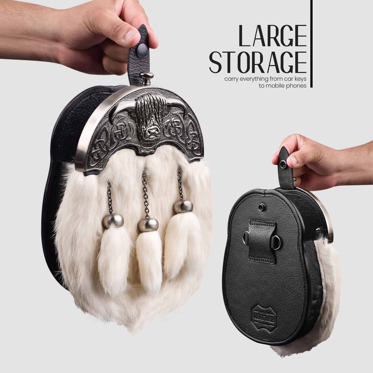 White Rabbit Fur Sporran with Highland Cow Antique Finish Cantle