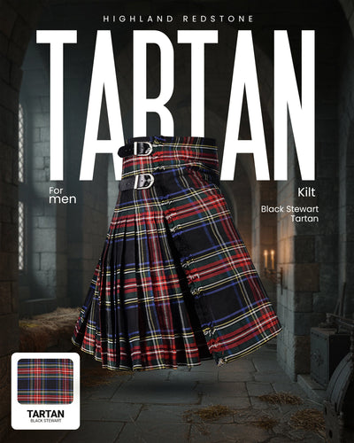 Kilt for Men I Black Stewart Tartan Kilt Polyviscose 8 Yard Traditional Men Kilt