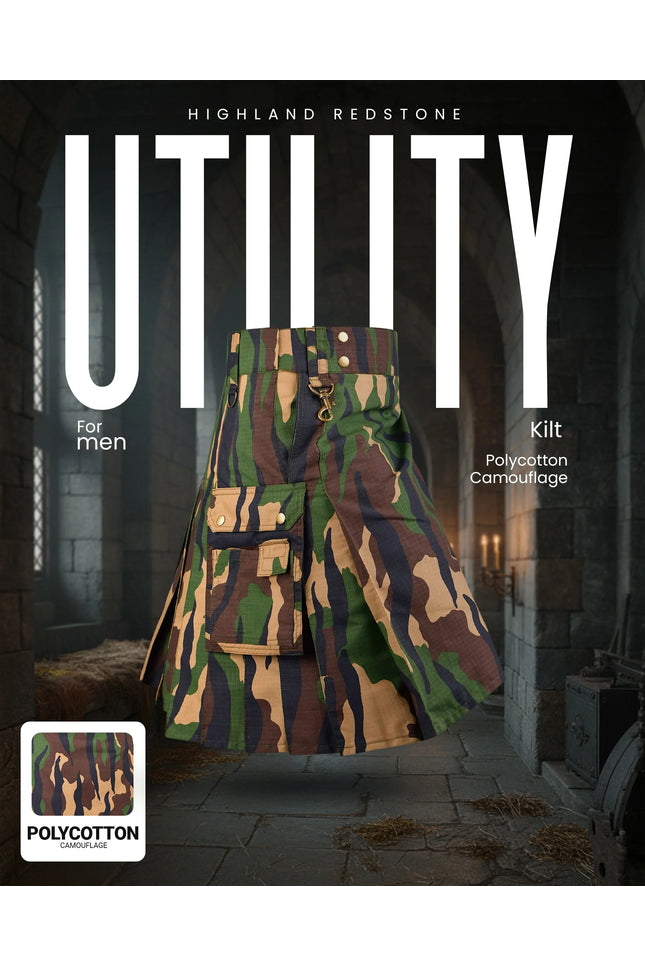 Camouflage Utility Kilt For Men - Rugged Ripstop Cotton tactical men kilt with brass hardware