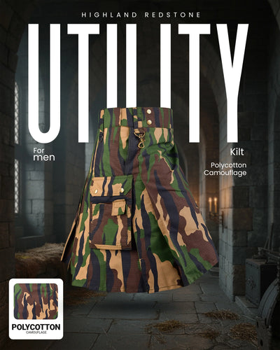 Camouflage Utility Kilt For Men - Rugged Ripstop Cotton tactical men kilt with brass hardware