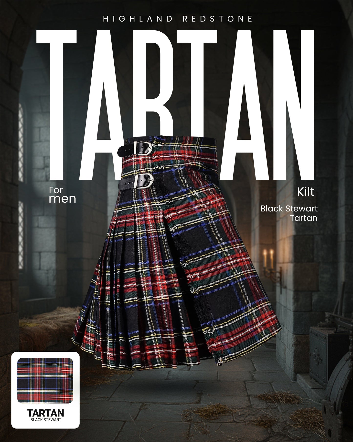 Kilt for Men I Black Stewart Tartan Kilt Polyviscose 8 Yard Traditional Men Kilt | Big & Tall