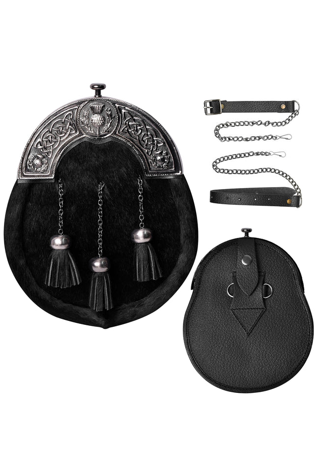 Formal Black Bovine Sporran with Black Thistle Antique Cantle