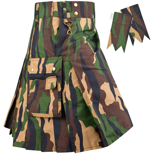 Camouflage Utility Kilt For Men - Rugged Ripstop Cotton tactical men kilt with brass hardware