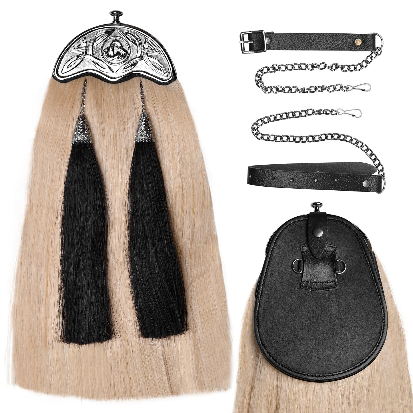 Full Dress Horse Hair Sporran with intricate Celtic Design Chrome Cantle, showcasing premium craftsmanship and luxurious materials.