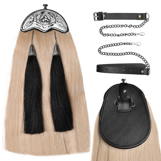 Full Dress Horse Hair Sporran with intricate Celtic Design Chrome Cantle, showcasing premium craftsmanship and luxurious materials.