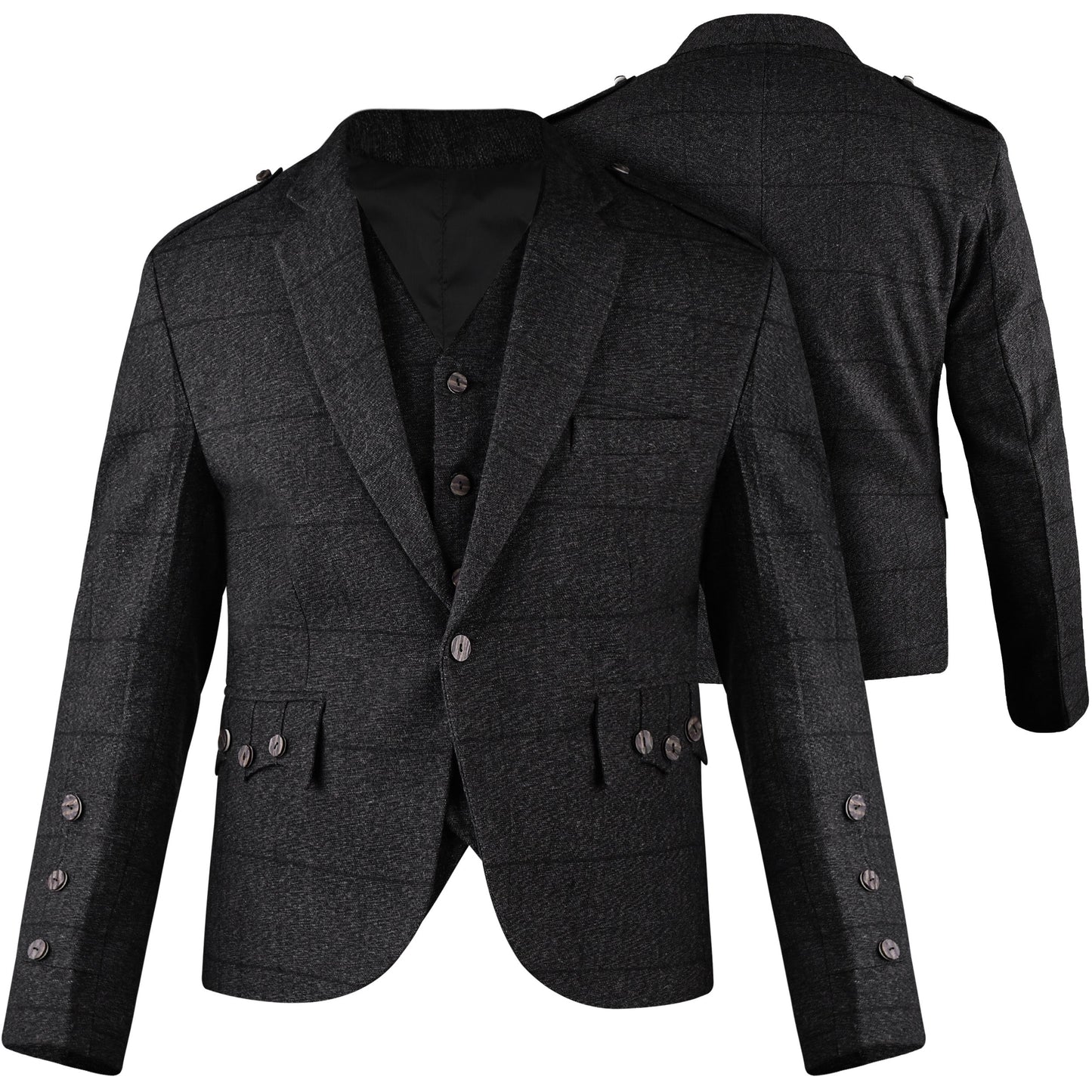 Charcoal Grey Crail Jacket and Vest - Self Check  -  Italian Tweed Wool | Scottish Formalwear