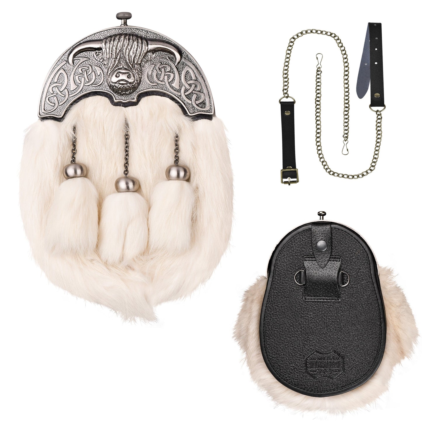 White Rabbit Fur Sporran with Highland Cow Antique Finish Cantle