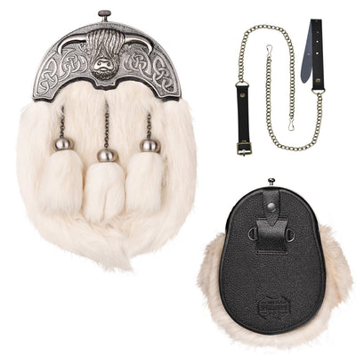 White Rabbit Fur Sporran with Highland Cow Antique Finish Cantle