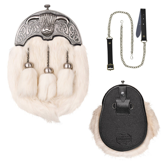 White Rabbit Fur Sporran with Highland Cow Antique Finish Cantle