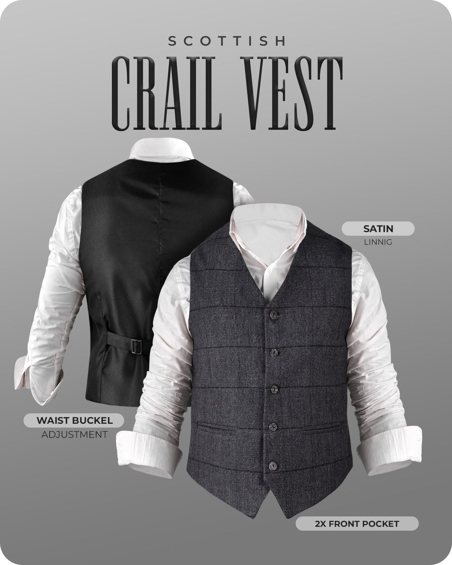 Grey Crail Jacket and Vest - Grey Check  -  Italian Tweed Wool | Scottish Formalwear