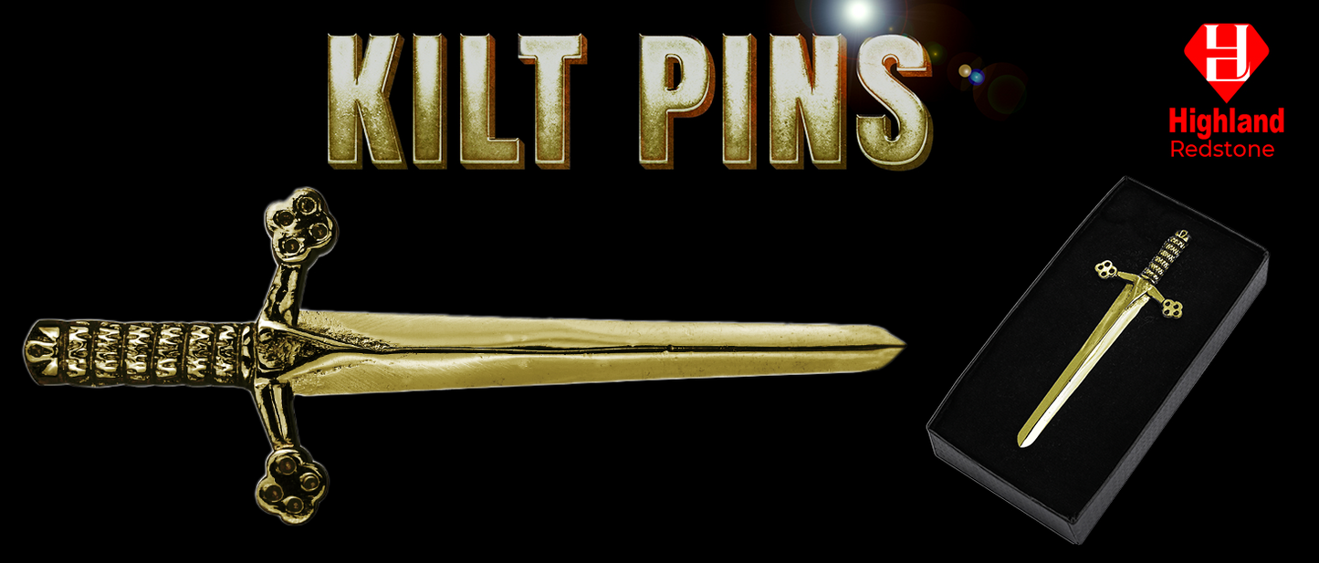 Antique Kilt Pin featuring a detailed replica of the Bruce Sword, perfect for adding elegance to your kilt outfit.