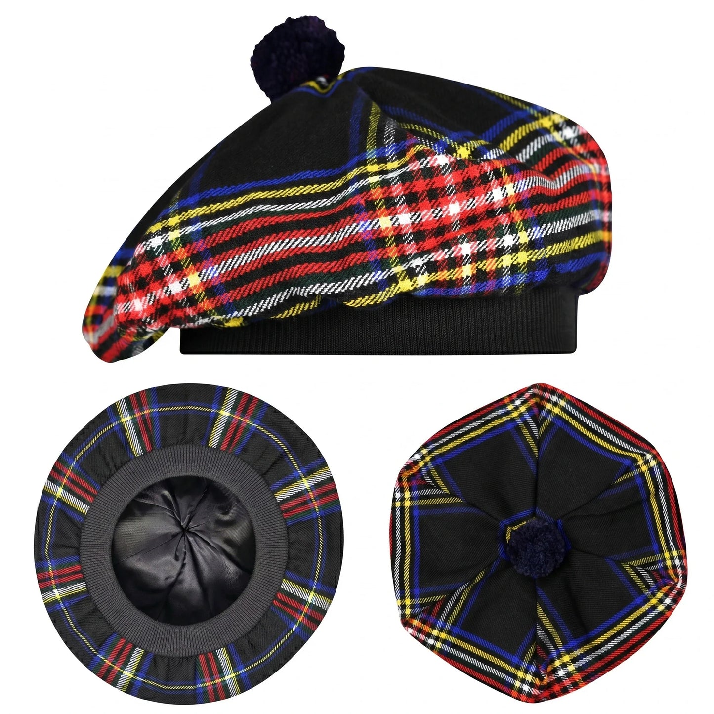 Tam O'Shanter Hat with Pompom | Black Stewart Tartan