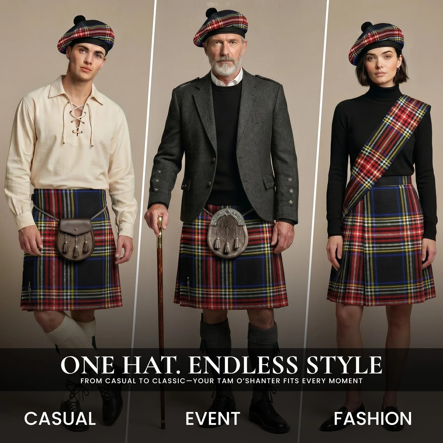 Tam O'Shanter Hat with Pompom | Black Stewart Tartan