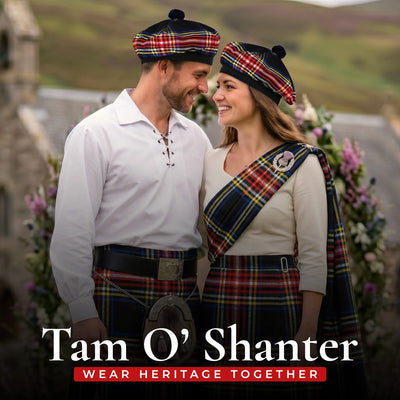 Tam O'Shanter Hat with Pompom | Black Stewart Tartan